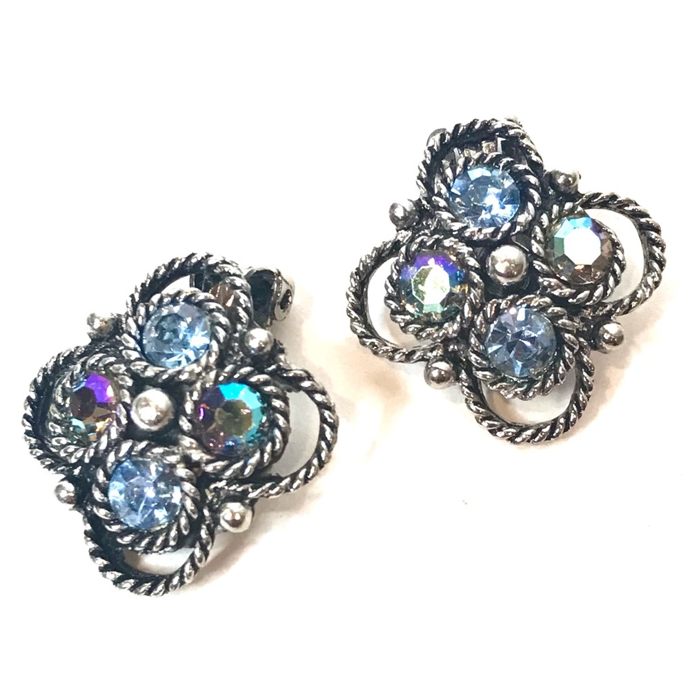 Vintage Earrings Crystal Ice Aurora Borealis Blue Rhinestone Retro Clips